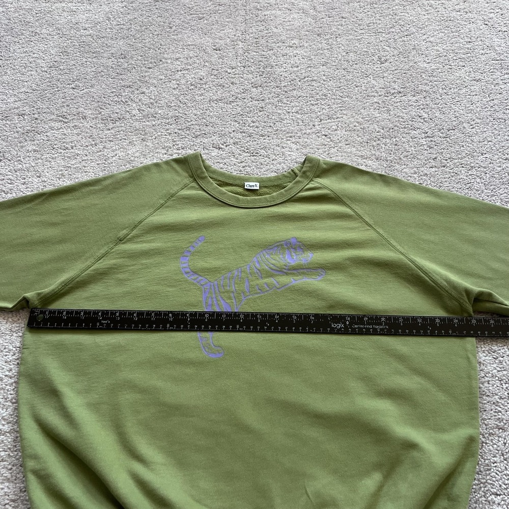 Clare V Tiger Graphic Sweatshirt Womens XL Green Terry Raglan Crewneck Pullover - Picture 10 of 15